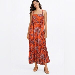Rhode Size Medium Floral Orange Midi Tiered‎ Dress Smocked Back